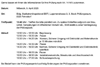 Ablaufplan ESTI Prüfung - mündlich, schriftlich und praktisch